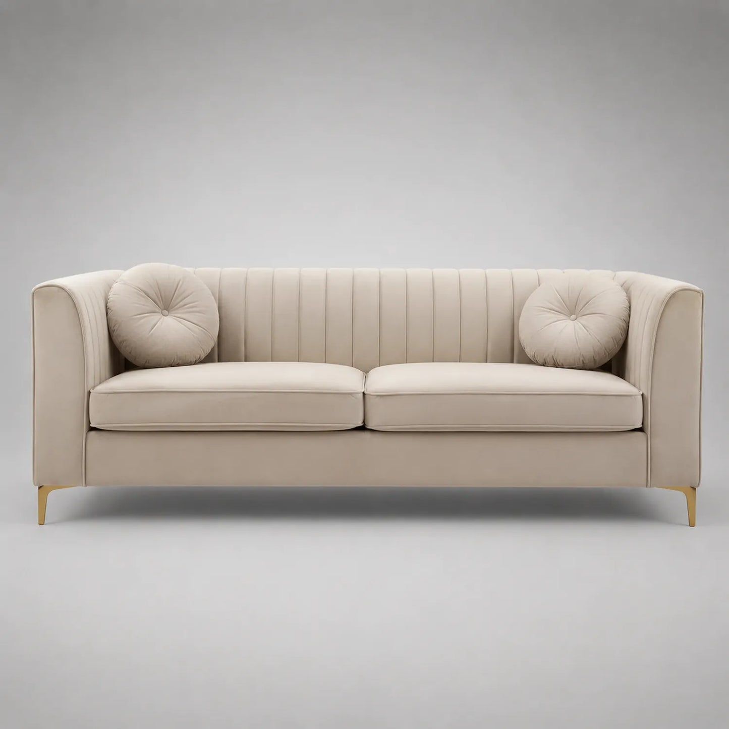 Beiges Samt Sofa mit 2 Rundkissen 220cm