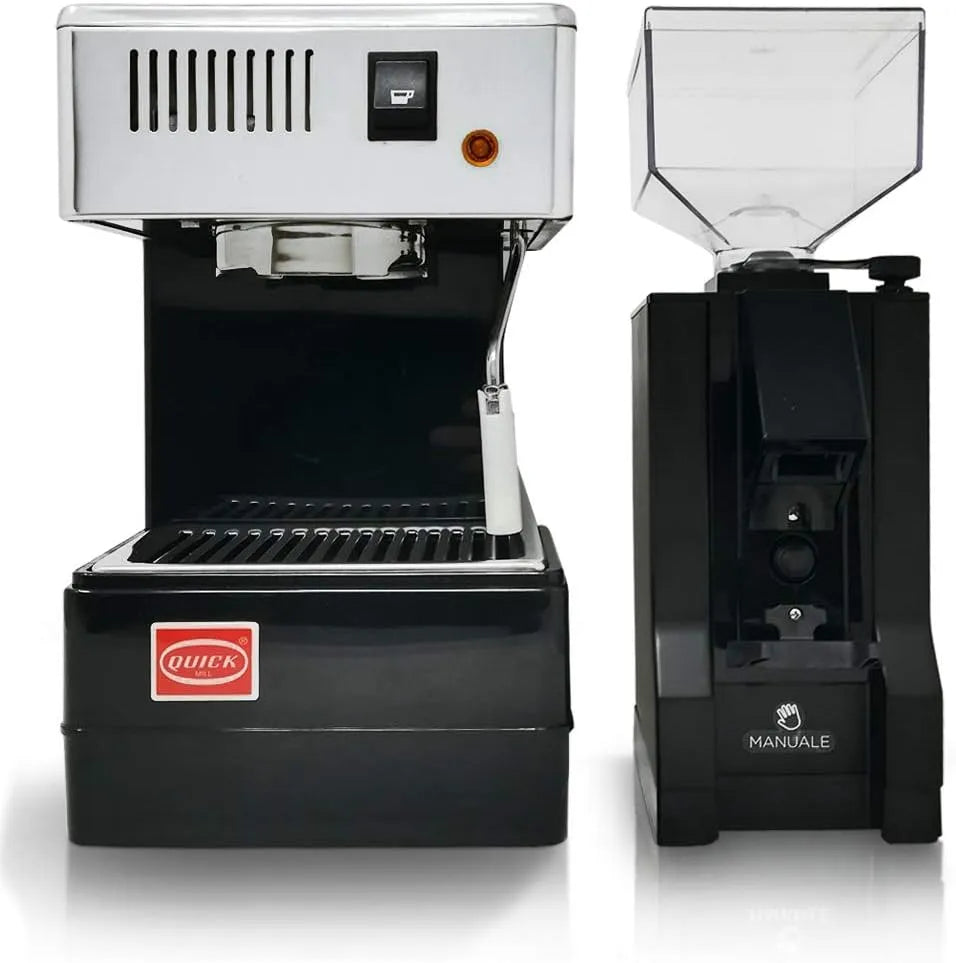 Espressomaschine 0820, LA GONDOLA Combo Set Quick Mill in schwarz und Kaffeemühle Eureka Made In Italy