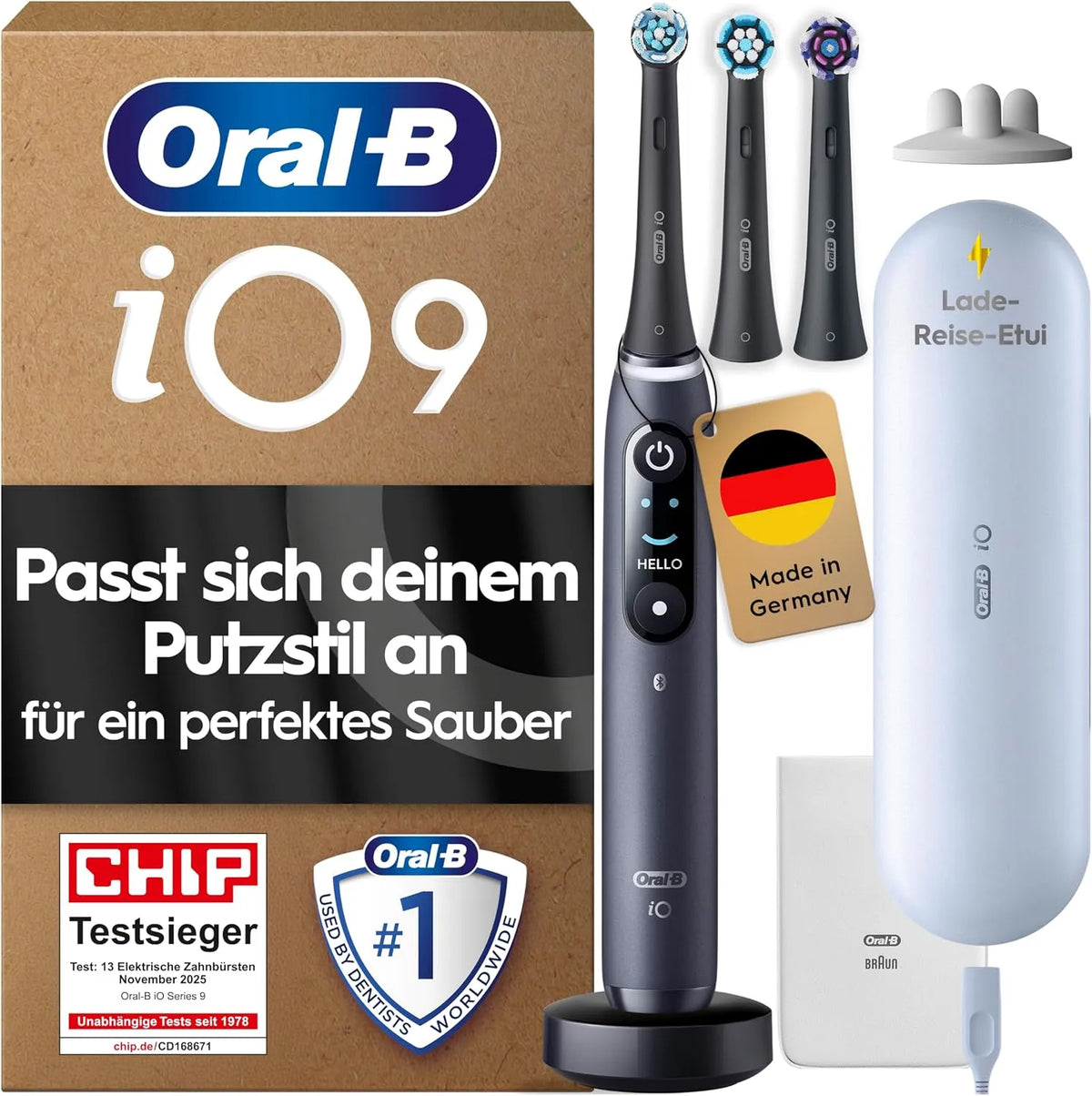 Braun Oral-B iO Series 9 Elektrische Zahnbürste, inklusive. 3 Aufsteckbürsten, 11/25, Designed by, CHIP Testsieger, 7 Modi für Zahnpflege