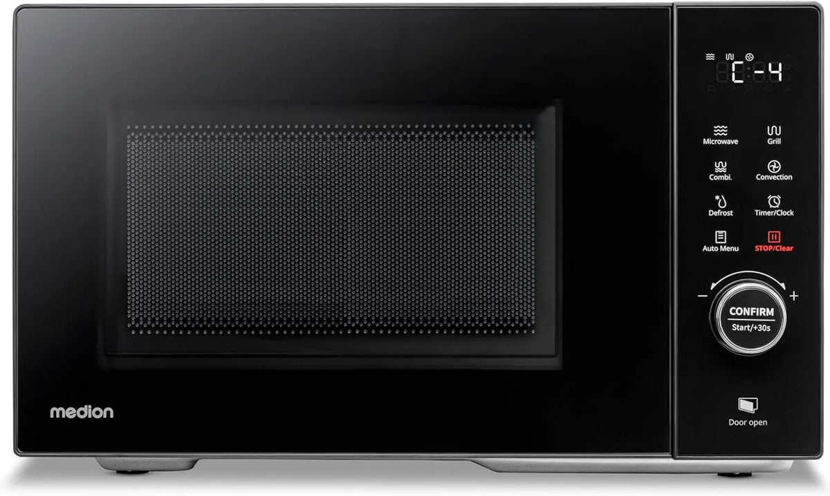 Mikrowelle MD12031 MEDION, Fassungsvermögen 23 Liter, 1000 Watt Grill, Fassungsvermögen 5 Leistungsstufen, mit Grill und Heißluft, Edelstahl, 900 Watt