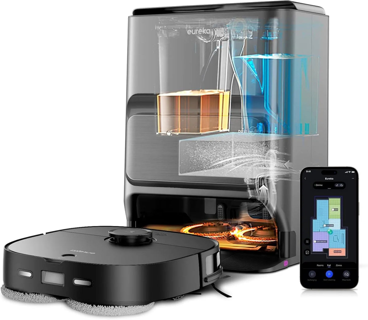 Modell Ultra DE Saug- & Wischroboter + All-in-One Station J12 KI-3D-Hinderniserkennung Eureka, intelligente Haustierumgehung, ideal gegen Tierhaare