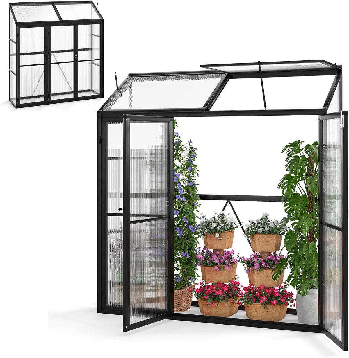 Gewächshaus HOMASIS, Maße 180x52x190cm, mit 3 Ablagen, Anlehngewächshaus Tomaten mit 3 Türen & 2 Oberlicht, Teibhaus Gartenhaus für Garten & Balkon