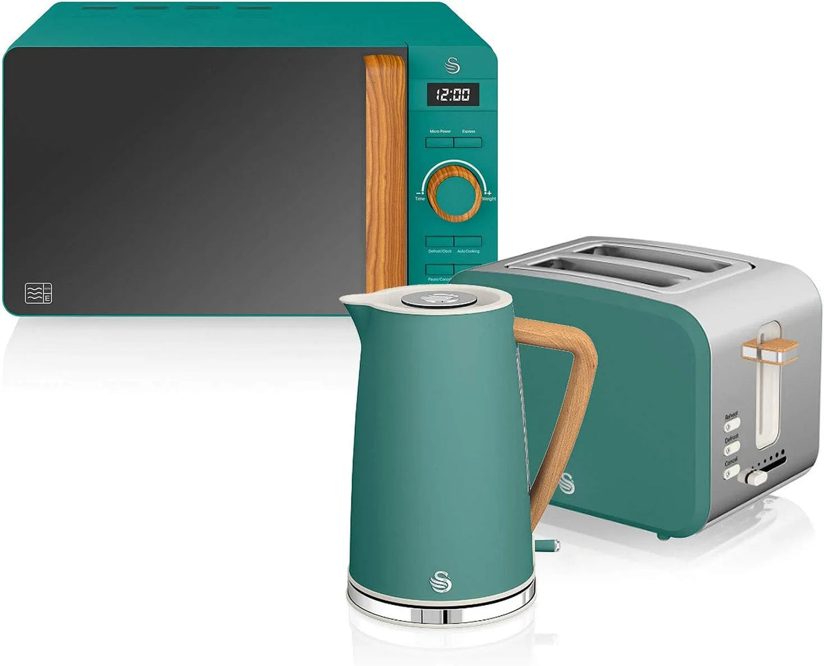 Wasserkocher Swan Nordic Frühstücksset, Fassungsvermögen 1,7 l, 2 Scheiben, modernes Design, Grün, digitale Mikrowelle 20 l, Leistung 2200 W