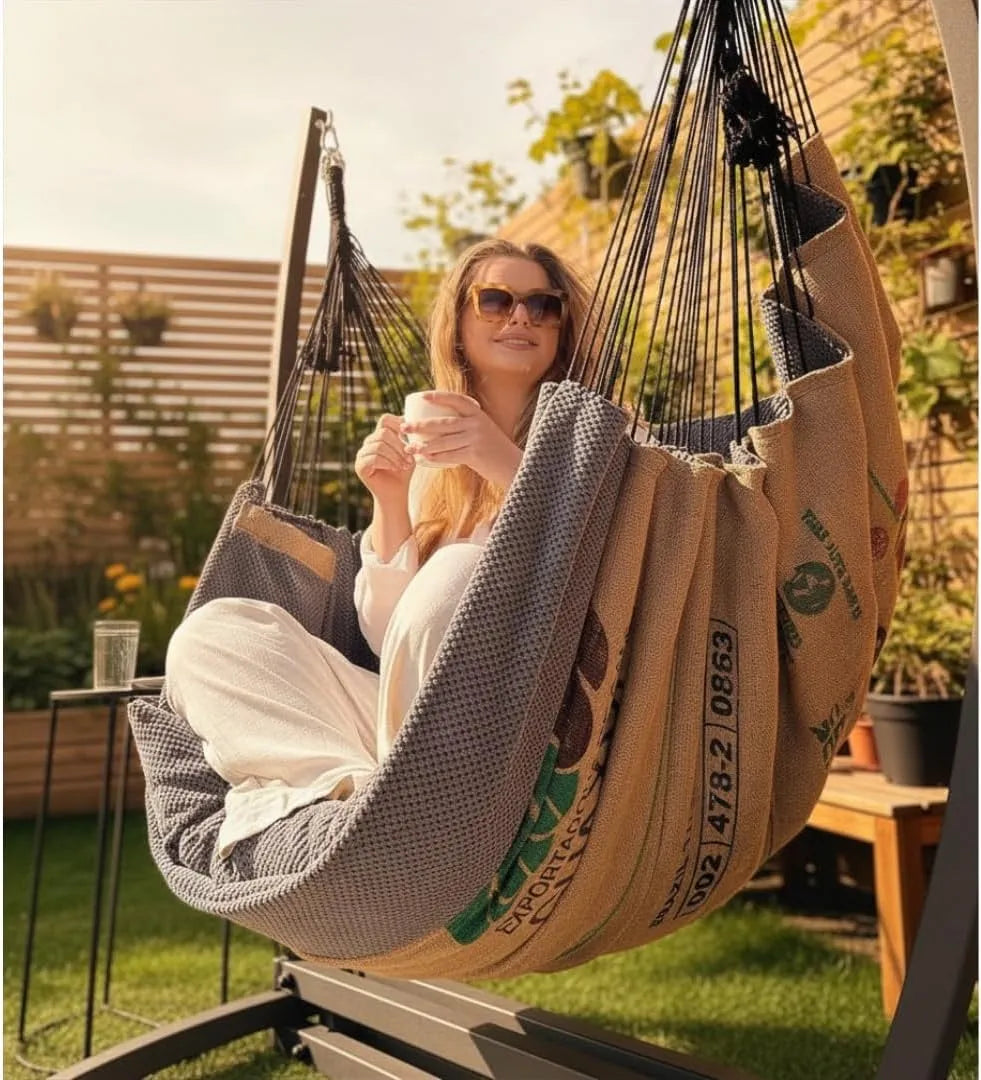 Mit Stahlgestell und Großen Kissen Izabell Hängesessel, XXL Schaukelstuhl und Hängematte für Indoor & Outdoor, Coffee Swing, beige