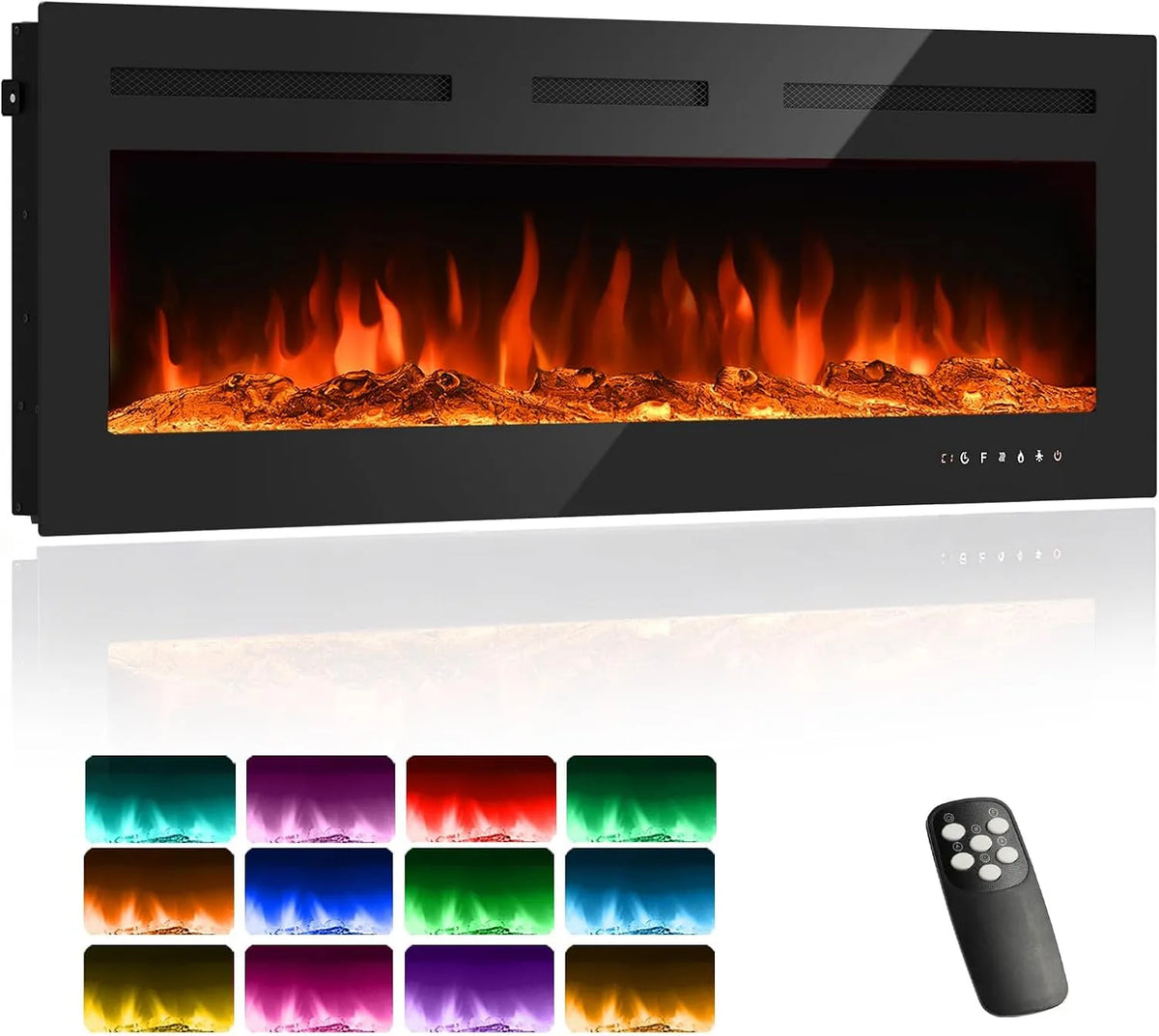 Elektrokamin, Wand- oder Einbaukamin mit 3D Flammeneffekt und 12 Flammenfarben, Leistung 1800W Kamin inklusive Fernbedienung, Timer & Thermostat