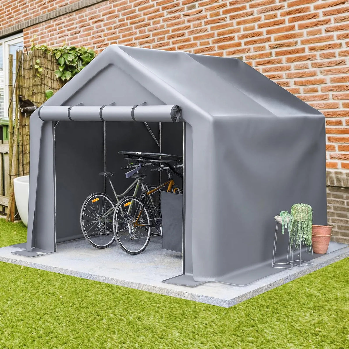 Gerätehaus, Wasserdichter Fahrradschuppen & mit Rolltür, Garagenzelt Winterfest Groß 244x241x217 cm, Robuster, Motorrad & Garten, Lagerzelt für Auto
