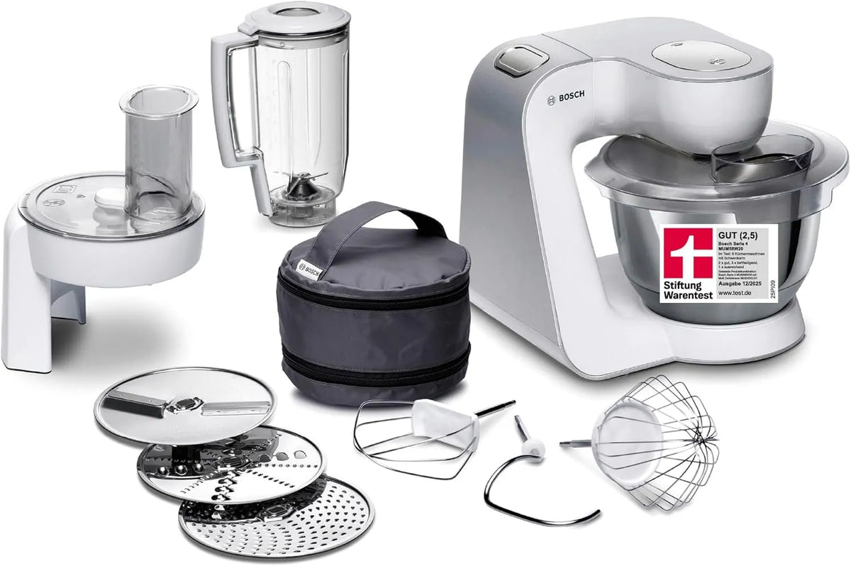 Bosch Küchenmaschine MUM58W20, Serie 4, Edelstahl-Schüssel 3,9 L, Mixer 1,25 L, Leistung 1000 W, 3 Scheiben, Knethaken, Durchlaufschnitzler, Weiß