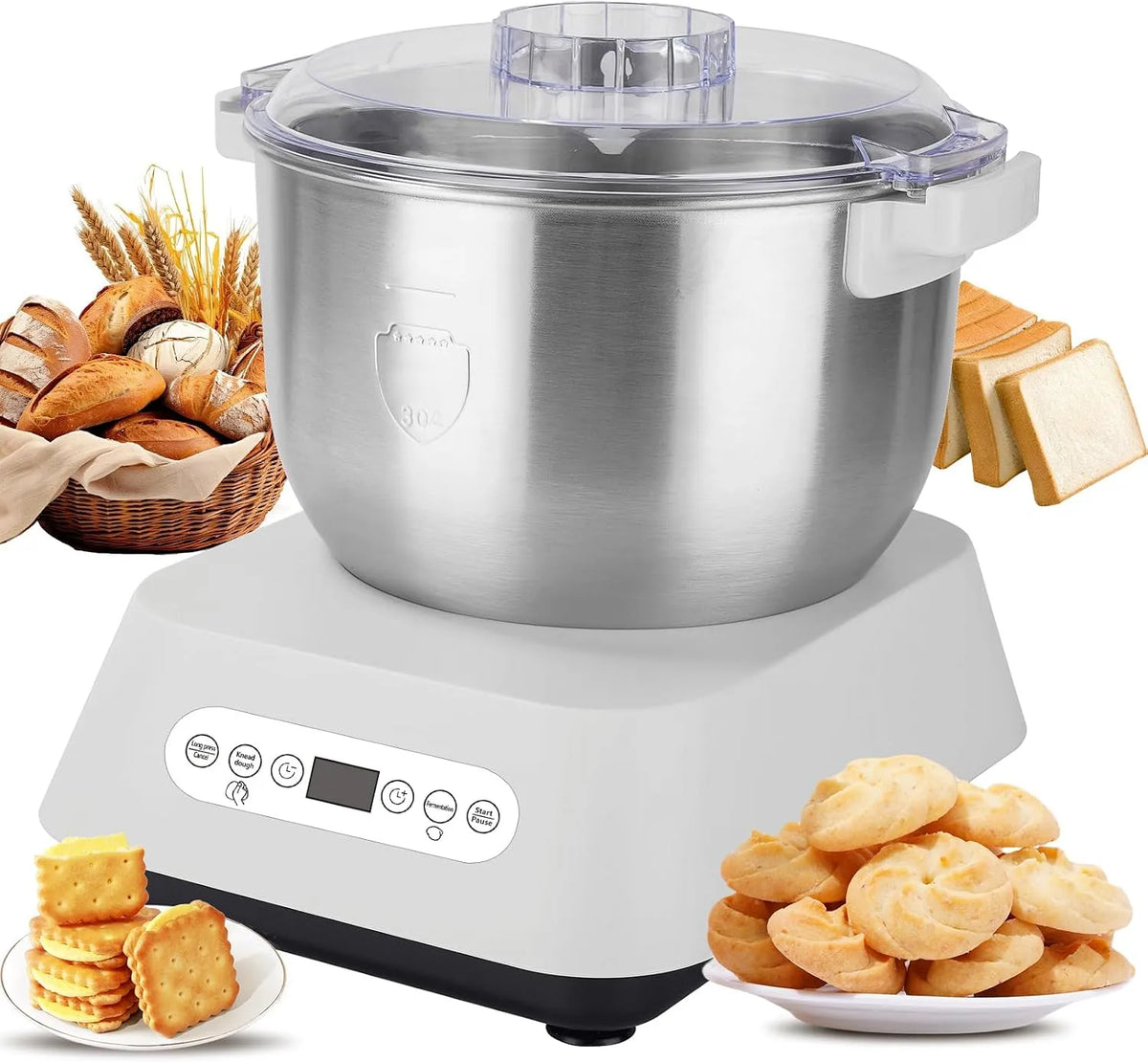 Teigmaschine, Vollautomatische Teigknetmaschine, Intelligenter Timer, Edelstahl Teigmehl Mixer,7L Teigknetmaschine mit Fermentierungsfunktion