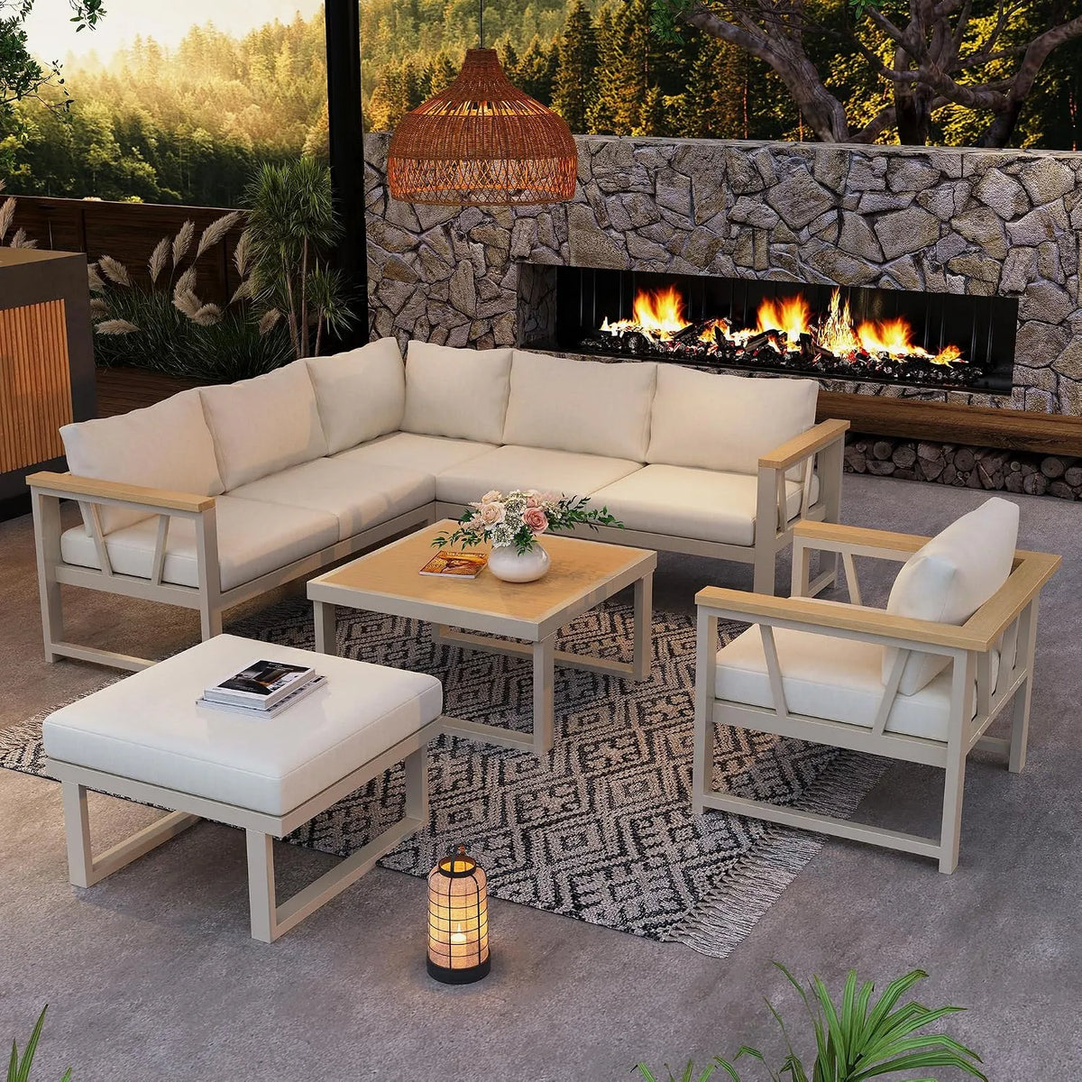 Sofa, Merax Gartenmöbel Set 7-Sitzer, Polyrattan Lounge mit 5-Sitzer Ecksofa, Sessel, Hocker und Couchtisch, verzinktes Stahlgestell, Khaki, beige
