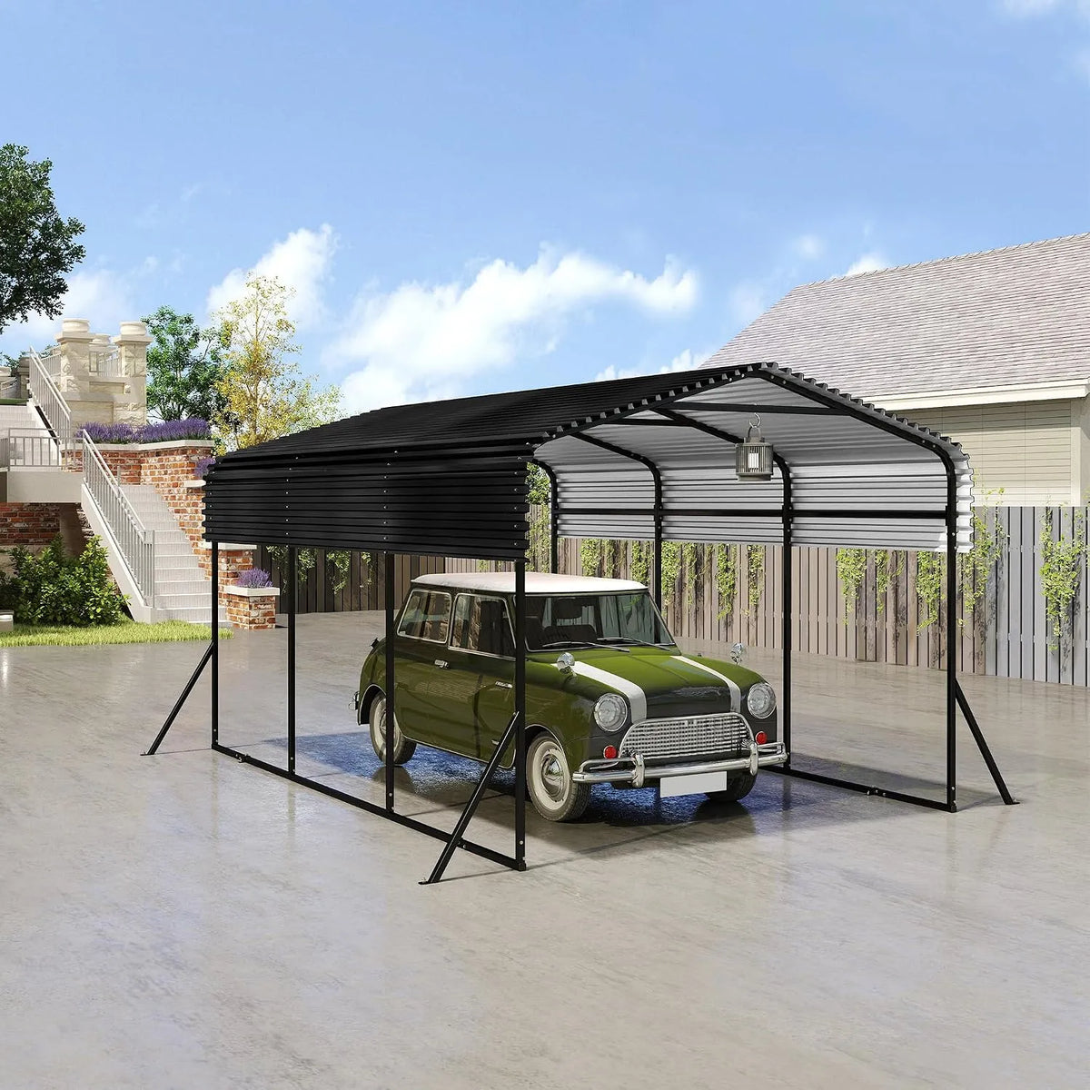 Carport 15FT, Outdoor-Autozelt-Garage, 10 x in Schwarz, Metall Außengarage-Auto-Unterstand