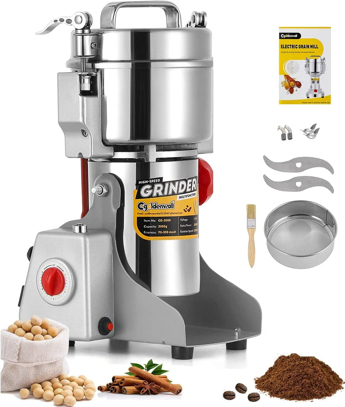 CGOLDENWALL Elektrische Getreidemühle Superfein Edelstahl Mühle für Gewürze 28000, Leistung 2400W Kommerzieller Motor, Kräuter, Kaffee Samen U, Timer