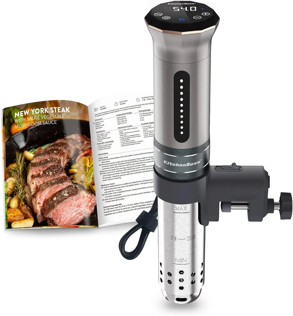Modell Vide Roner für Küche IPX7 KitchenBoss Sous, wasserdicht, präzise Temperaturregelung, Leistung 1100 W, niedrige Temperatur, Zirkulatoren