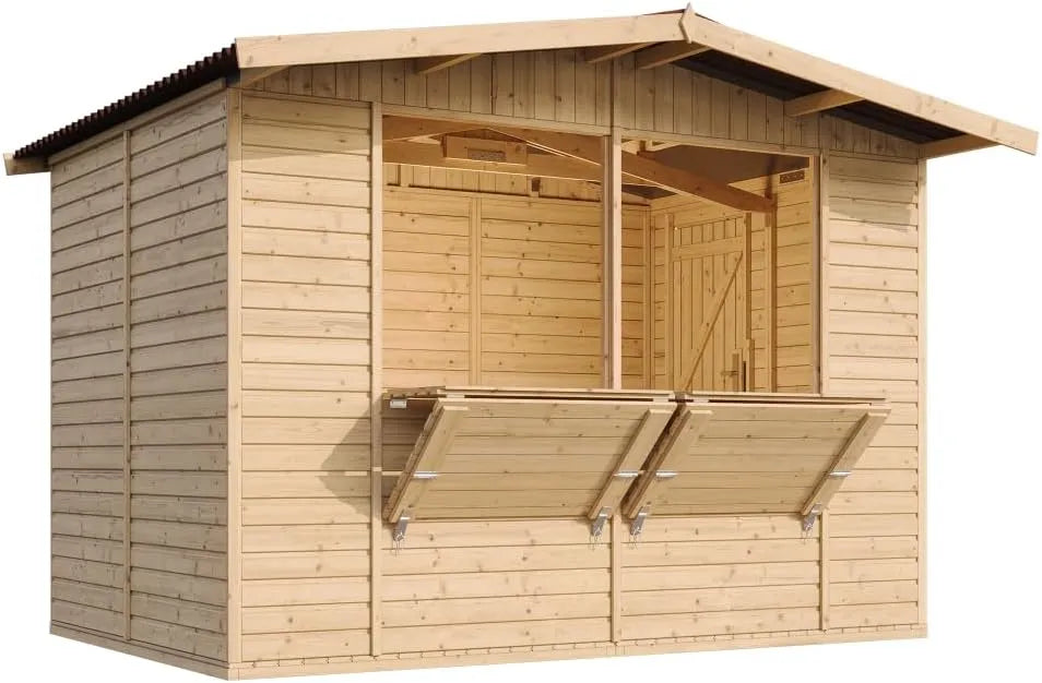 Gartenhaus M150 200x300/6, m2, große multifunktionale Garten-Bar Verkaufshütte, TIMBELA Holz, Marktbude Holz, Zwei Fenster