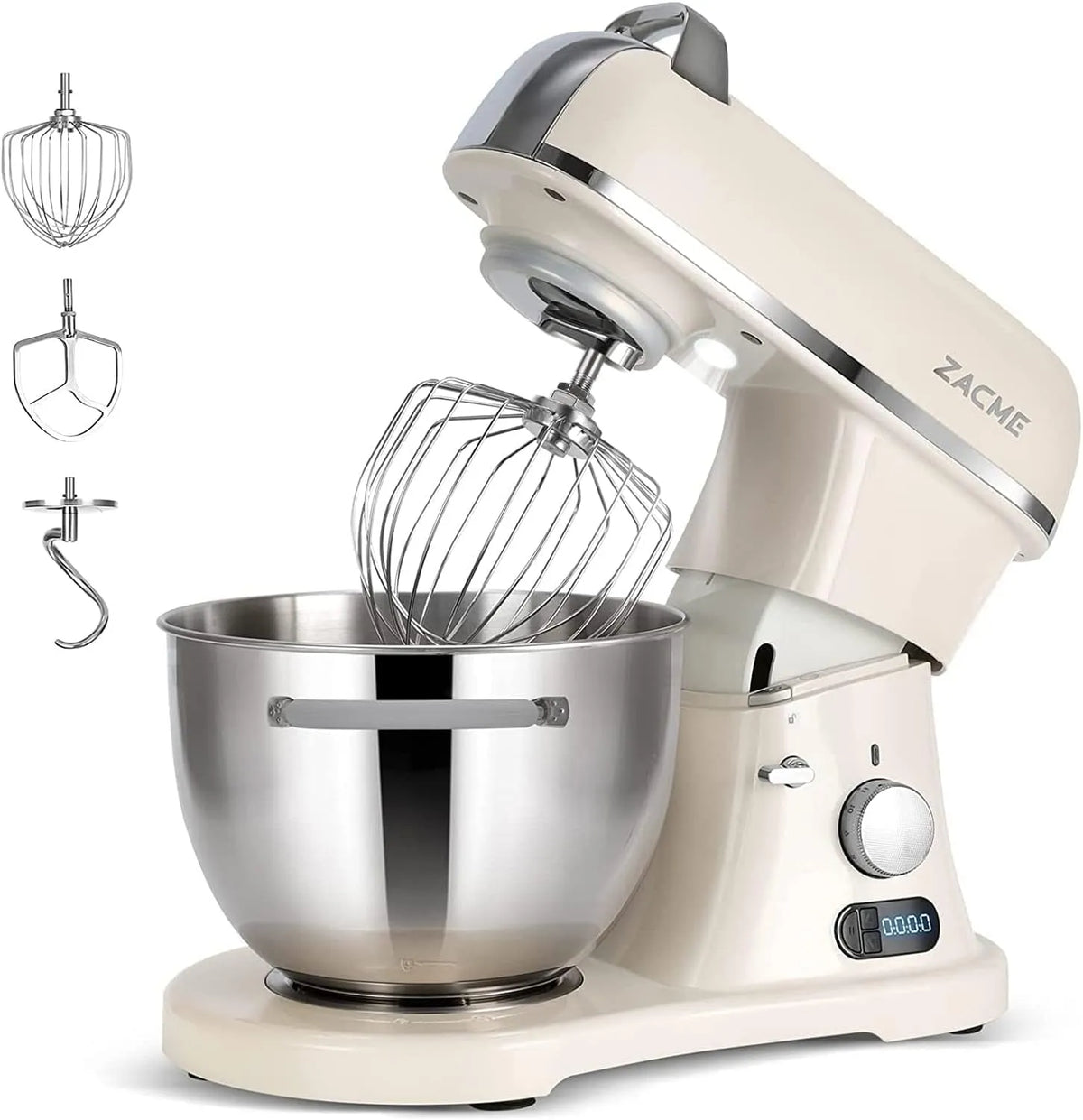 Küchenmaschine ZACME Profi, Geräuscharme Rührmaschine,3 Rühraufsätze und Spritzschutz,11 Geschwindigkeit, Leistung 1500W