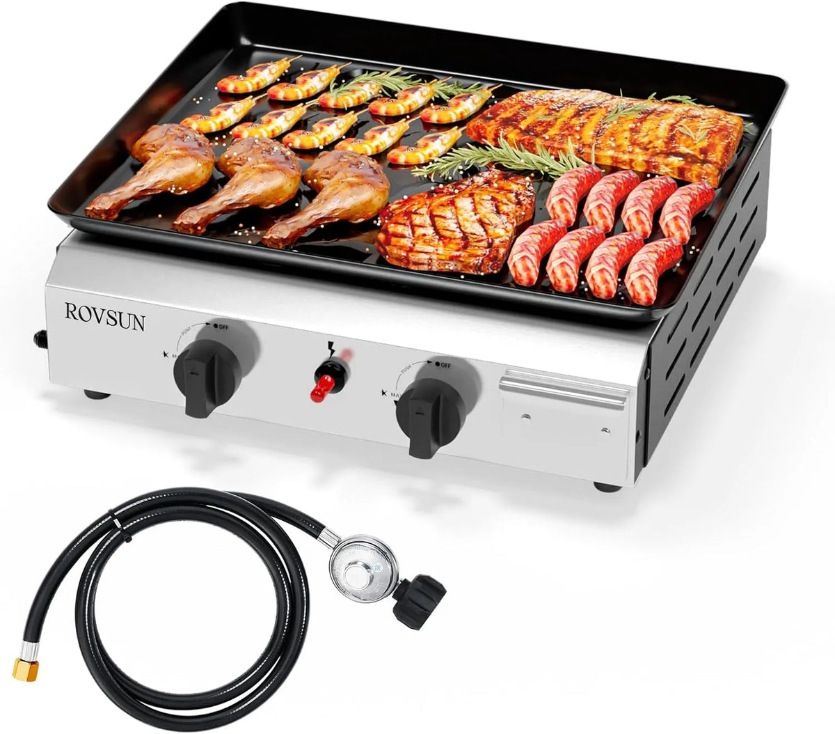 Gasgrill ROVSUN, Leistung 4,8 kW, Maße 44x39x16 cm, mit 2 Brennern, Camping Gas Grill Camping Tischgrill aus Edelstahl, Garten & Strand