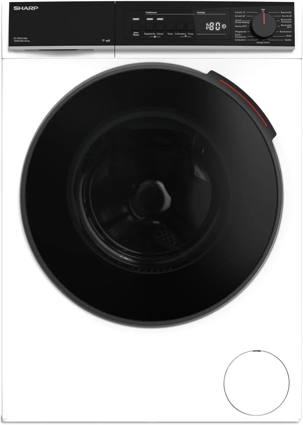 Sharp Waschmaschine ES-PRO214WA-DE 1400U/min, Frontbeladung, Smarte Bedienung durch Veezy App, Inverter, Weiß, Gewicht 12kg, 15 Betriebsprogramme