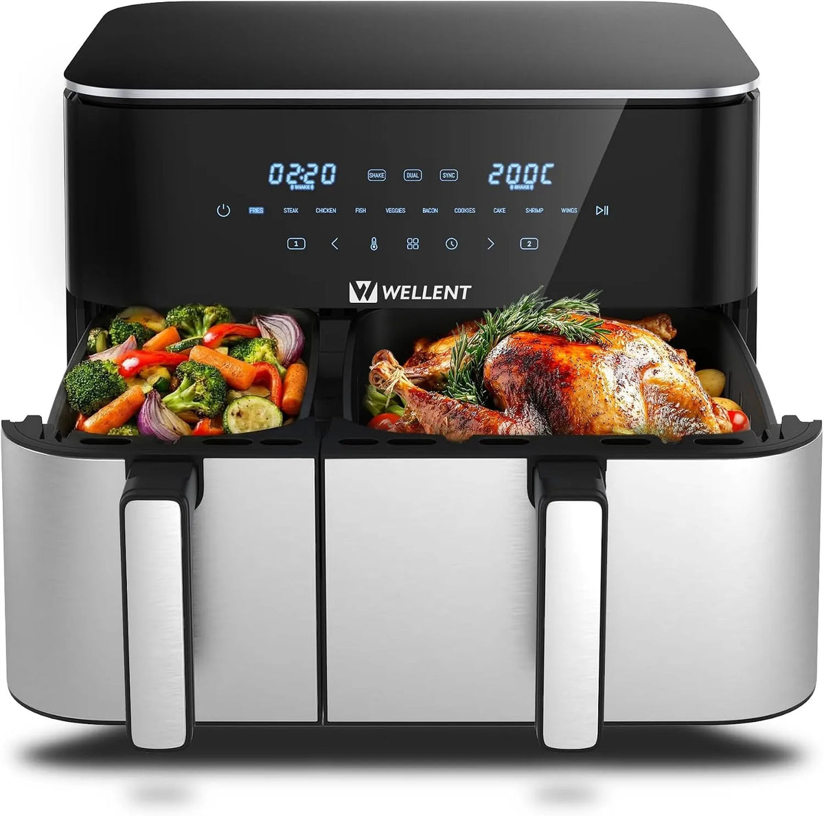 Heißluftfritteuse 4+7L WELLENT 10, 2 Kammern, Leistung 2600W 11L Airfryer XXL, Match & Synchronisierungsfunktion, spülmaschinenfest