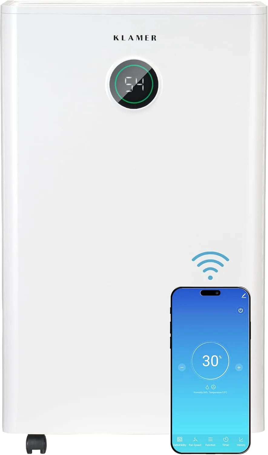 Luftentfeuchter 24h KLAMER, elektrisch 20L in mit 5,5L Tank, energieeffizienter Raumentfeuchter mit Smart Sensor, Timer & Wäschemodus, Leiser
