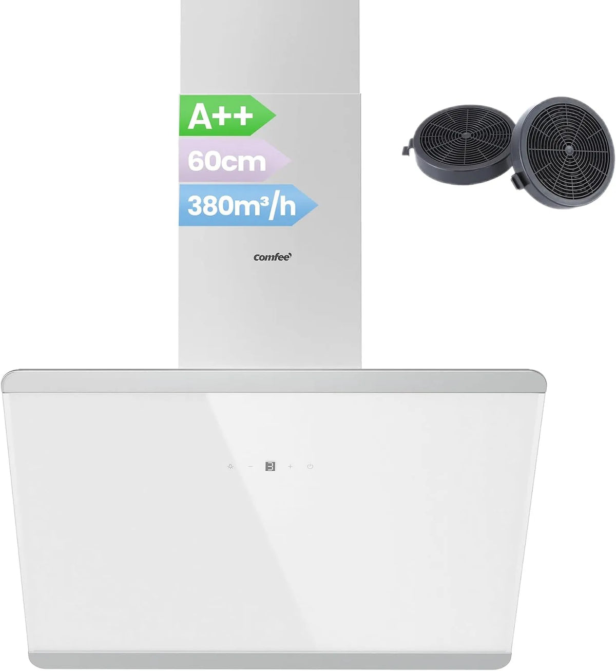 Comfee Dunstabzugshaube CH60J64ET4A2W, 380m³/h, h Luftstrom, Glas Design mit Touchscreen, Abzugshaube inklusive. Kohlefilter, ' A++ 60 cm, Edelstahl