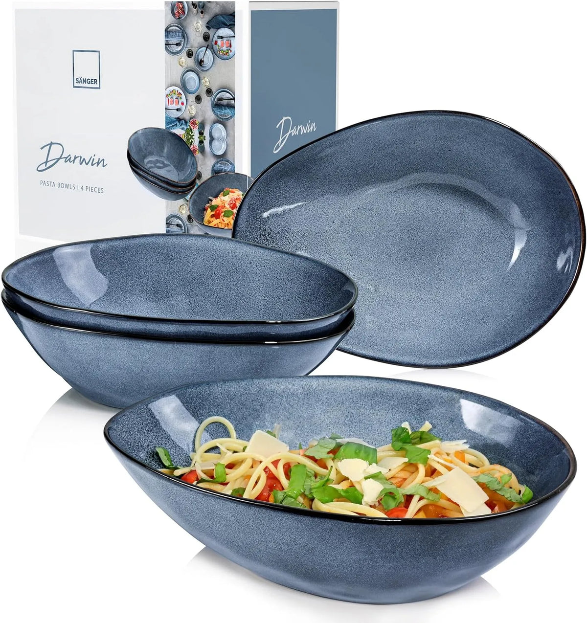 SÄNGER, Spaghetti Teller 4 Personen, Teller Steingut für Nudelgerichte Blau 1 L, Pastateller Darwin 4 tlg, Nudelteller Spülmaschinengeeignet