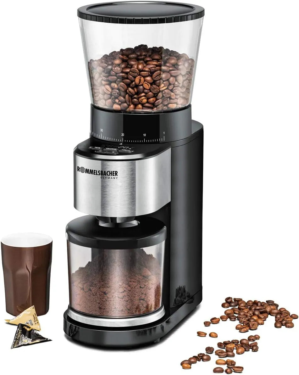 Kaffeemühle EKM 500 ROMMELSBACHER, 5 Funktionstasten für individuelle und flexible Nutzung, Präzisions-Waage, Edelstahl, Mahlgrad in 39 Stufen