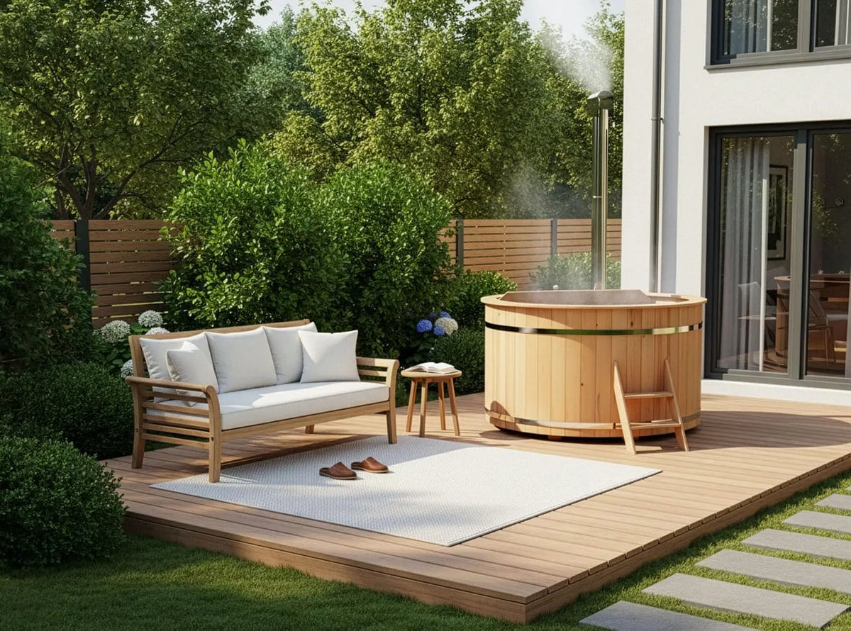 Bergen Holz Badefass, Hot Tub Ø 160 x 110 cm, inklusive. Edelstahl-Ofen 22 kW und Einstiegsleiter, 3-4 Personen, Schwimmbecken, Badebottich