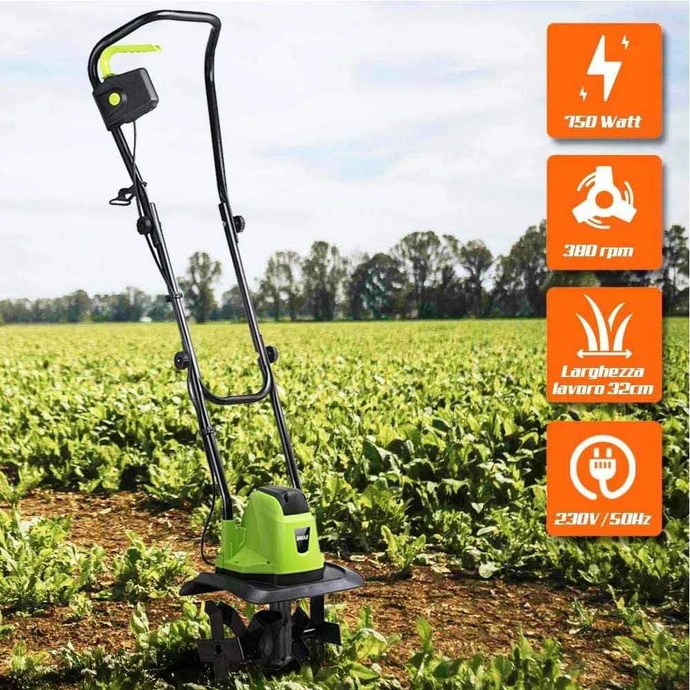 Für Gemüsegarten Bakaji Motorhacke, Leistung 750 W, 4 Klingen à 20 cm, Arbeitsbreite 32 cm, Geschwindigkeit 380 U, Hackmaschine mit Elektromotor, min