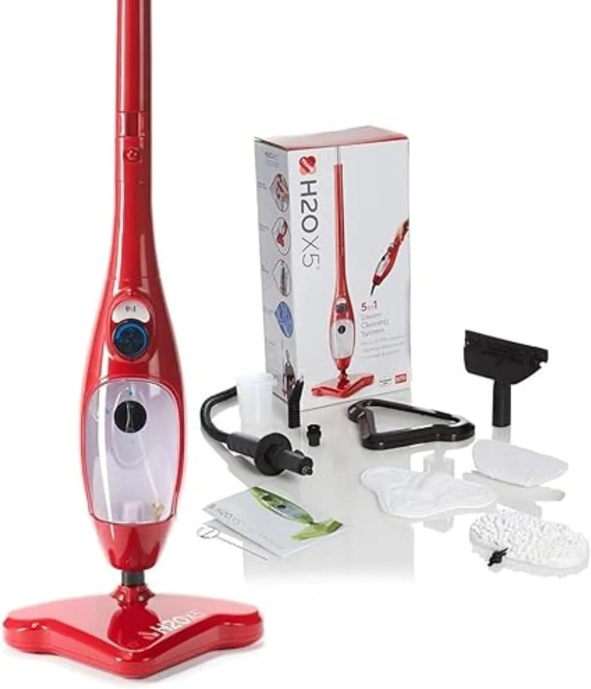 Dampfreiniger H2O, Multifunktionaler Dampfbesen für Böden, X5+ 2-in-1 & Handdampfreiniger, Chemiefreie Reinigung in 15 Sek., inklusive. Zubehör, Rot