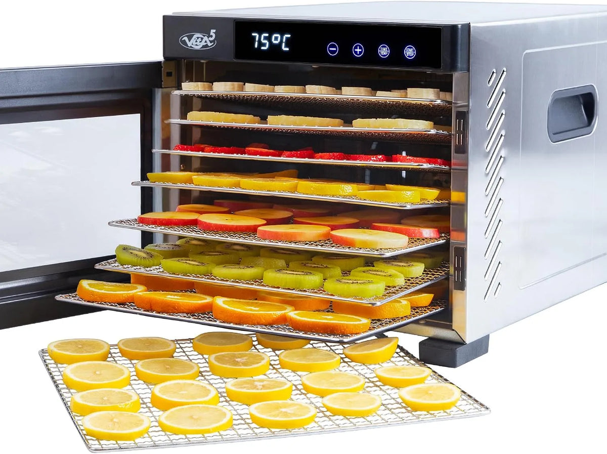 Mit 7 Edelstahl-Dörrgitter Modell Vita5 24H Dörrautomat, Leistung 650W Timer-Funktion LED Display, 35-75°C, Dehydrator Food
