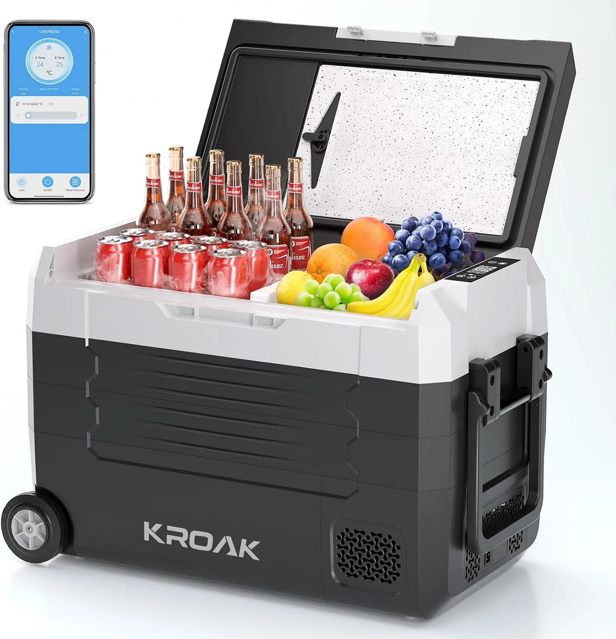 Kompressor, Fassungsvermögen 45L Tragbarer Kühlbox mit Bluetooth-App, 20°C bis +20°C, Spannung 12V, Spannung 24V, Spannung 230V, +Schneidebrett, Auto