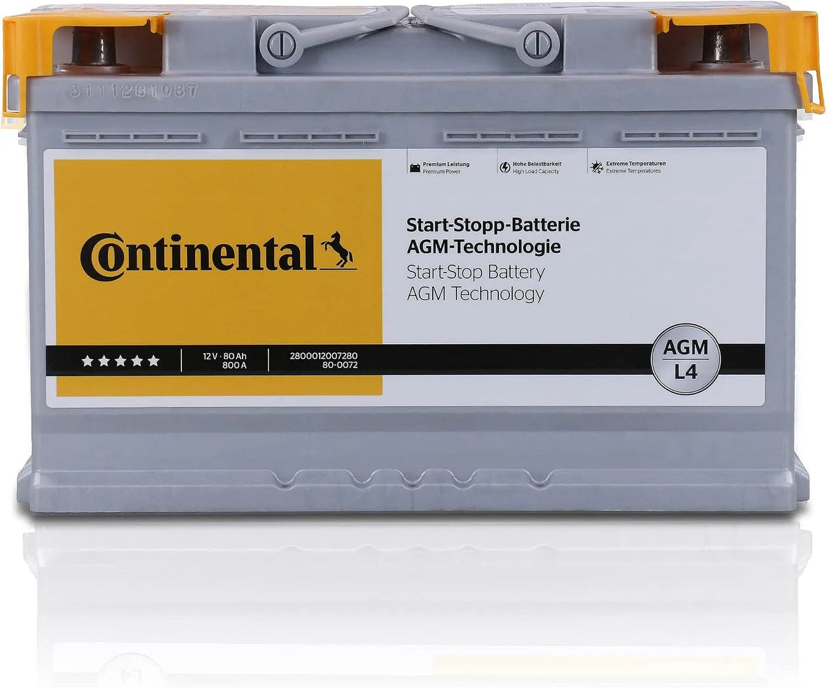 Start-Stop Starterbatterie 80Ah 12V 800A AGM DIN 7HJ 2800012007280 3C5 7HB Continental, ISO L4 Kompatibel mit VW Passat Variant Transporter V Bus, 7EB