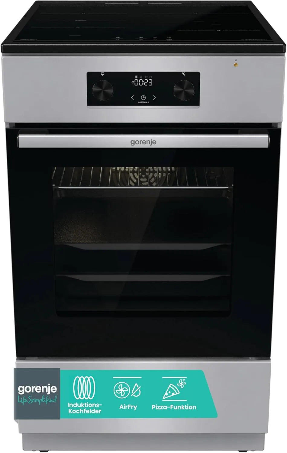 Gorenje Induktionskochfeld GEIT5C61SPG, Breite 50 cm, Pizza Mode 300°C, Fassungsvermögen 70 Liter, Standherd mit, PerfectGrill, AirFry, FrozenBake