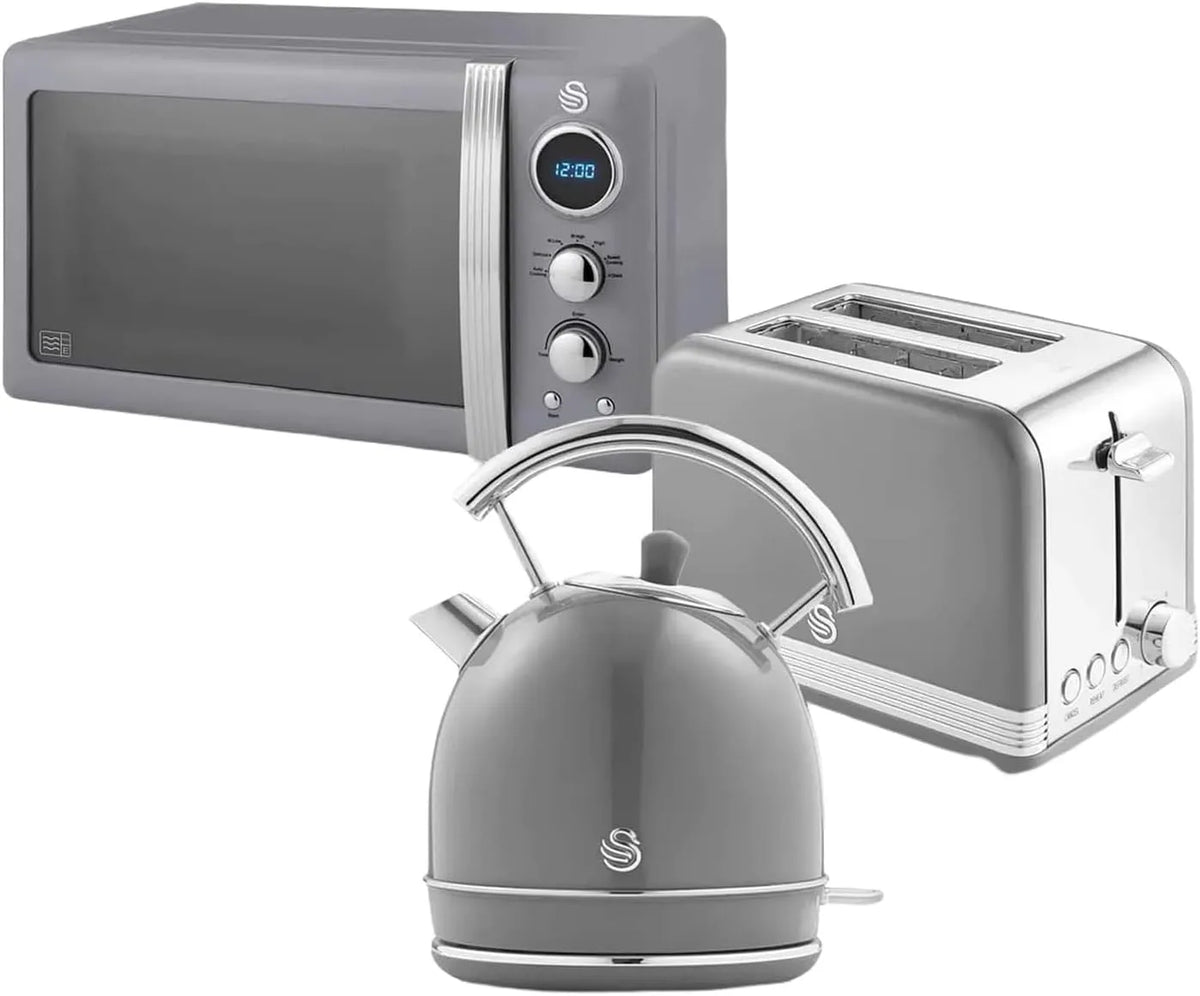 Wasserkocher, Fassungsvermögen 20L Digital-Mikrowelle, Fassungsvermögen 6 Leistungsstufen, Spiegeltür, Einheitsgröße, Swan Retro Frühstücks-Set 1,8 L
