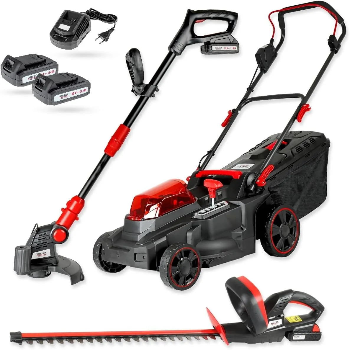 Rasenmäher 3in1 WALTER Akku, mit Rasentrimmer und Heckenschere 40V 20V Gartengeräte Set inklusive 2X Akku und Schnellladegerät