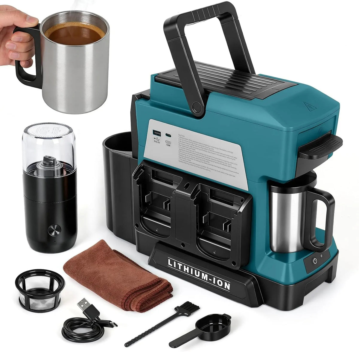 Makita Kaffeemaschine, Akku für 18V Akku, Ohne Akku, tragbar Filterkaffeemaschine mit Elektrischer Kaffeemühle und Kaffeetasse, für Camping