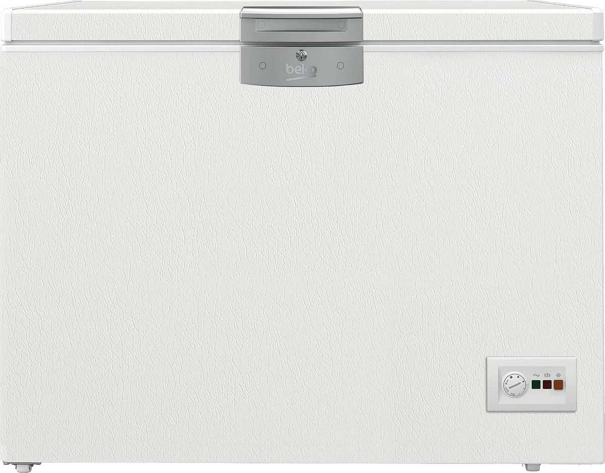 Beko Modell, Fassungsvermögen 230 l Nutzvolumen HSM22340, 35 db, 2 Gefriergutkörbe, Gefriertruhe, abschließbar, Kühltruhe, Temperaturalarm, Weiß