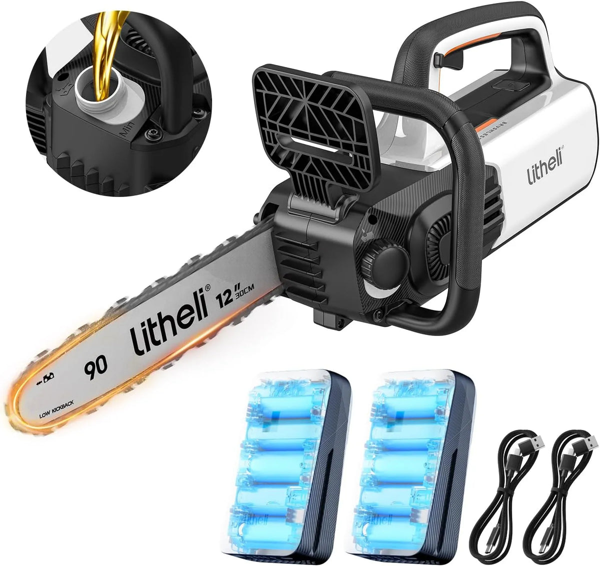 Motorsäge, Inklusive 2×10.000 mAh Akkus, Automatische Kettenschmierung, Gartenpflege und Baumschnitt, Litheli Akku Kettensäge 30 cm