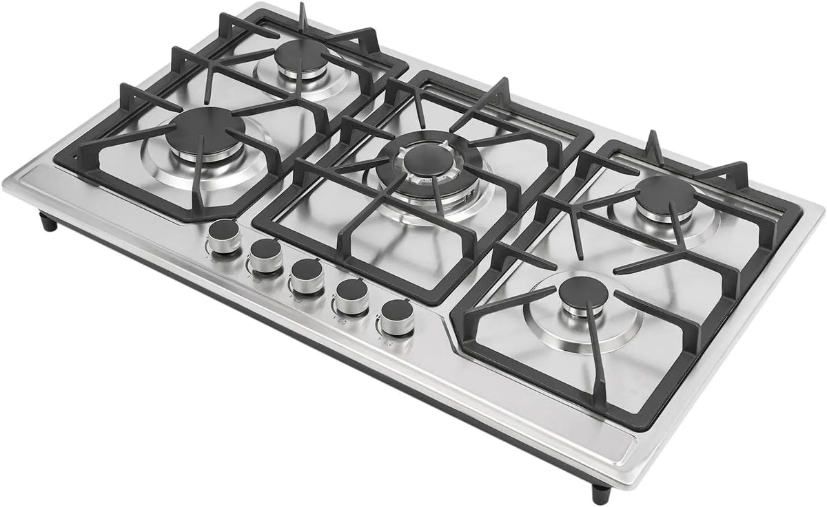 Kochfeld, Gaskochfeld 5 Flammig mit Leistungsregelung 3.3/3/1.75/1.75/1 kW, Einbauen Edelstahl Gasherd, Gas Kocher für Häuser, Batteriezündung