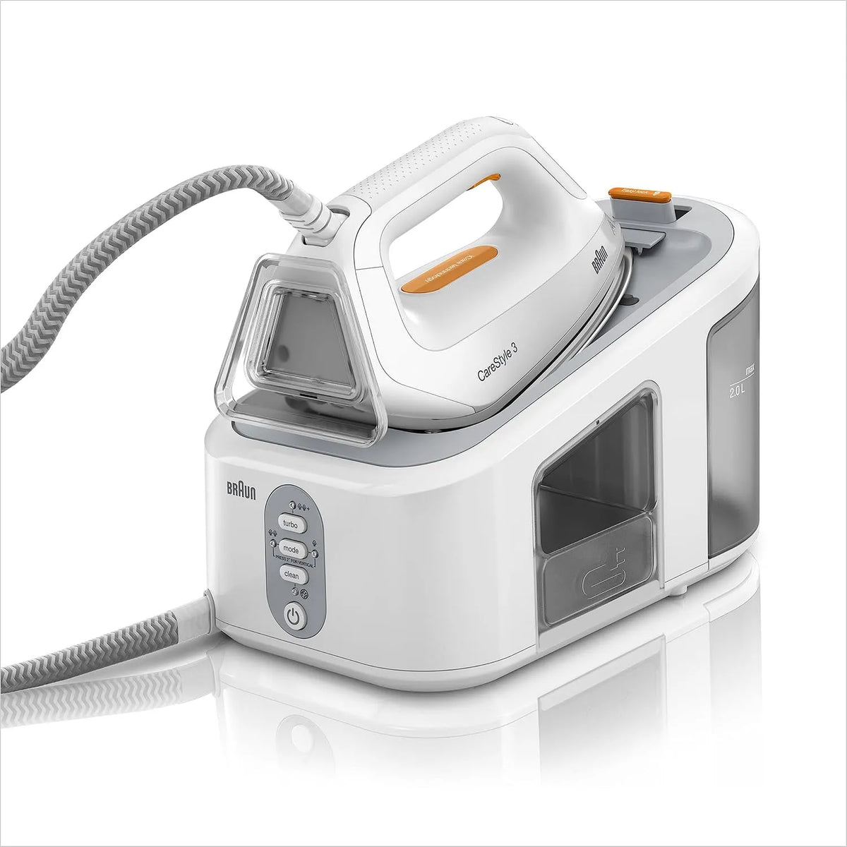 Braun CareStyle 3 Dampfbügelstation IS 3132 WH, Pumpendruck 6 bar, großer 2 L Wassertank, mit FreeGlide 3D Bügelsohle, Eco-Funktion, weiß, orange