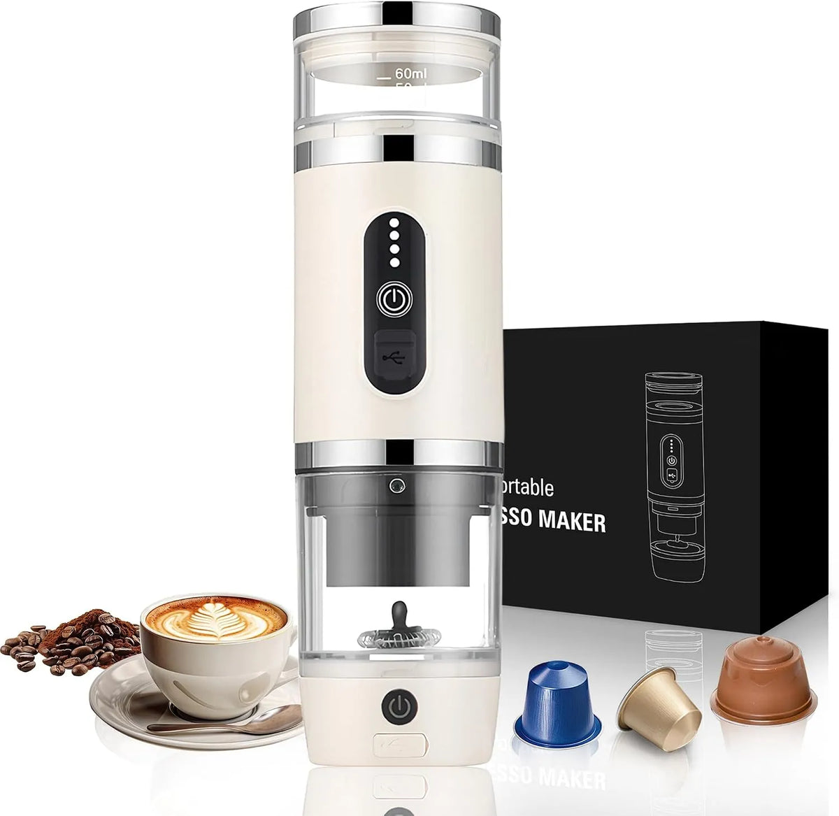 Kaffeemaschine, Espressomaschine mit Kapseln 20 Bar und gemahlenem Kaffee, 3-in-1, mit Milchaufschäumer, tragbar, für Büro, Auto, Camping, Wandern
