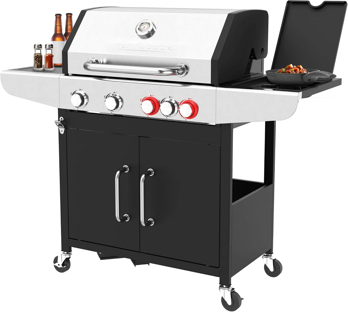 Gasgrill GG 1312 ProfiCook, für Temperaturen bis zu 450°C, 2 Power-Zonen + Side-Burner, 4 Brenner, Roste aus echtem Gusseisen, Flaschenöffner, PC