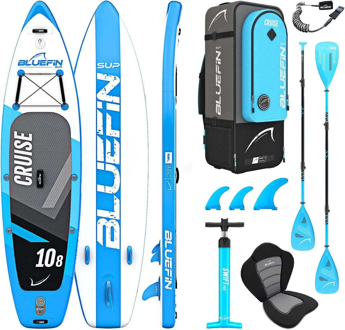 Stand Up Paddle Set Bluefin Cruise, 5 Year Warranty, Inflatable Paddleboard for Adults, SUP Package with Backpack, Fiberglass Paddle, and Pump