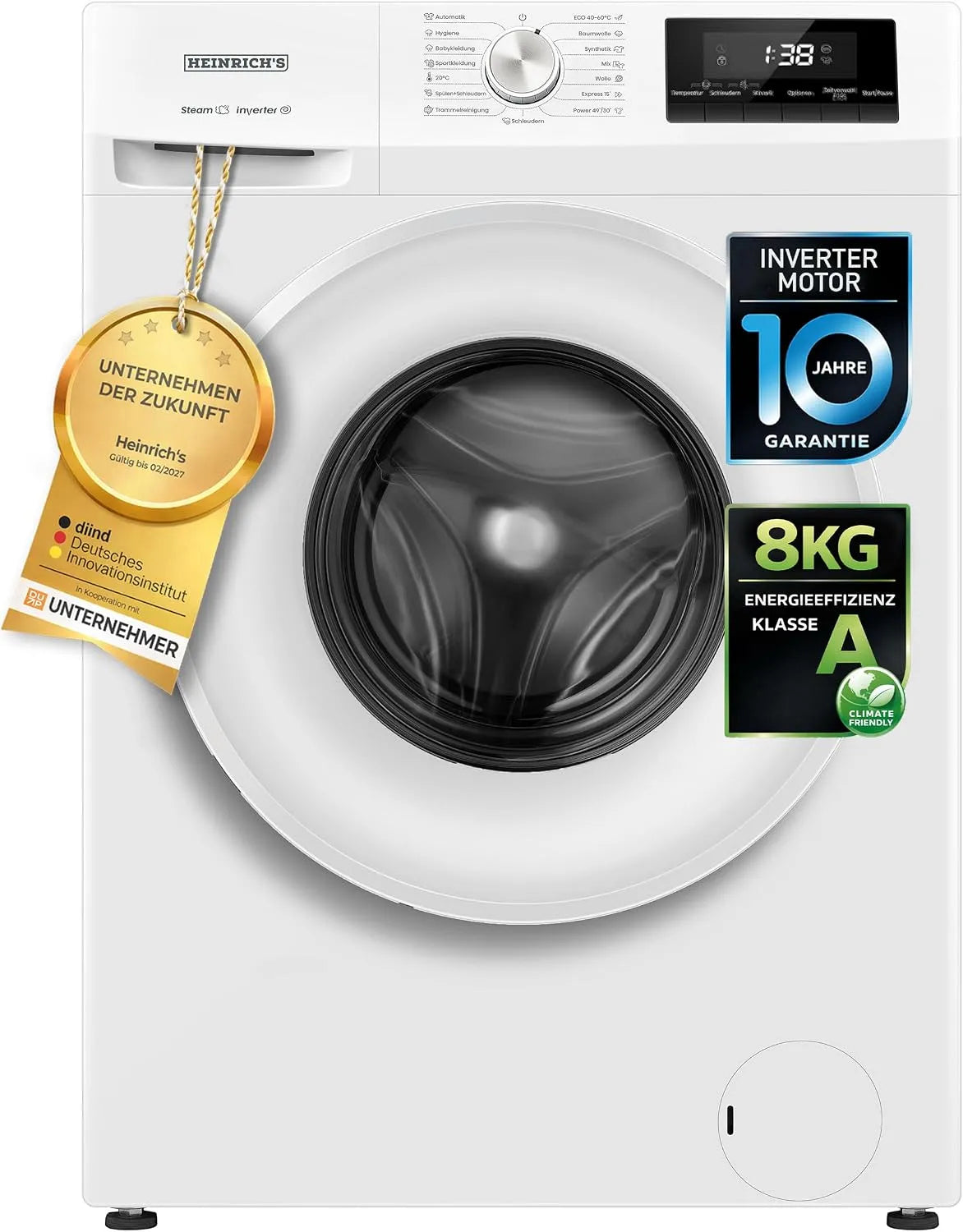 Waschmaschine 1400 Heinrich´s, 10 Jahre Motor, Gewicht 8kg, 15 Betriebsprogramme, langlebiger Inverter-Motor, min., inklusive. Aqua-Stop, LED-Display