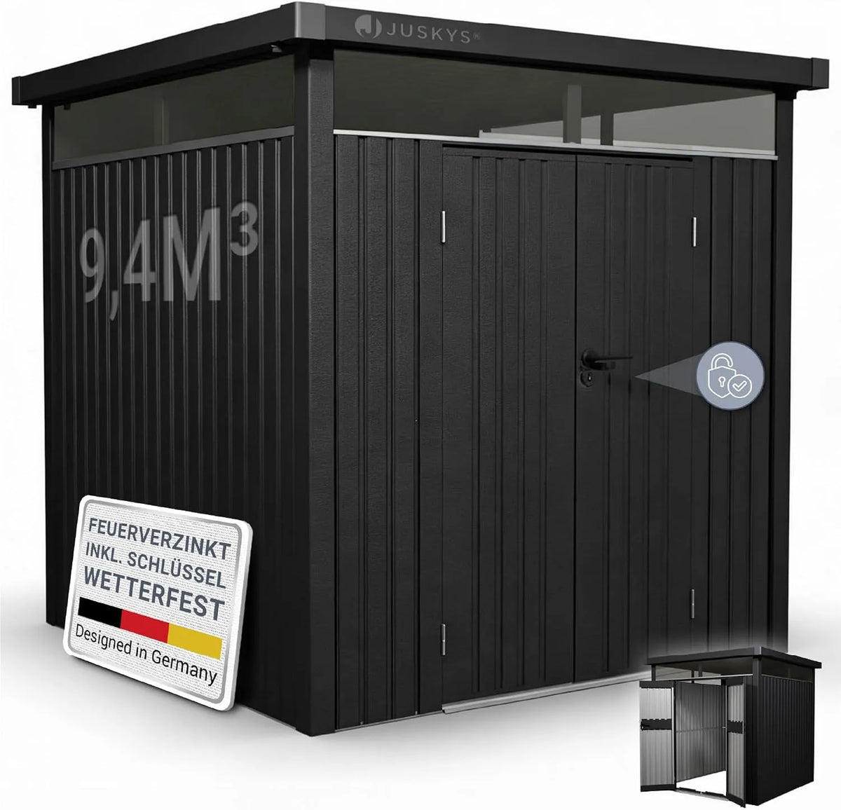 Gerätehaus Juskys, 5,2 m², Luzern M, wetterfest & abschließbar, Metall Geräteschuppen mit Türen & Fenstern, Fahrradgarage, Gartenhaus, Anthrazit