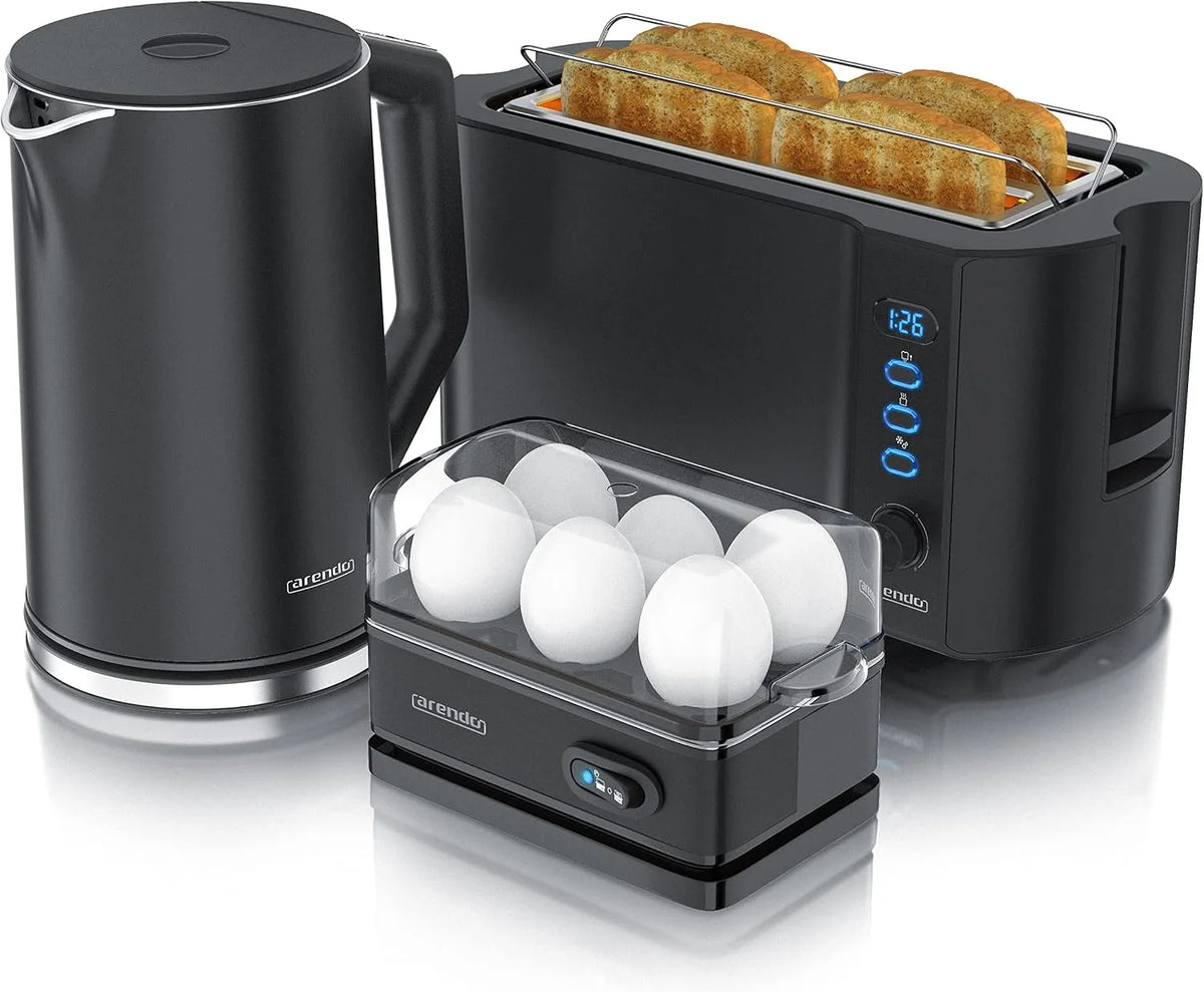 Wasserkocher Arendo, Edelstahl in Schwarz 1,5L 40°, 100°C, Toaster 4 Scheiben LED-Display 6 Bräunungsgrade Eierkocher 1-6 Eier Messbecher BPA frei