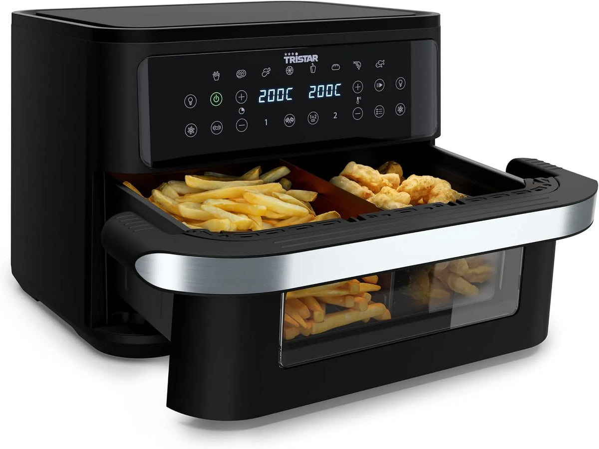 Tristar Heißluftfritteuse FR-9432, 10 L Kapazität, Leistung 2800W, 8 Betriebsprogramme, Dualzone Flex, Ohne Öl Kochen, Digitales Display, Antihaft