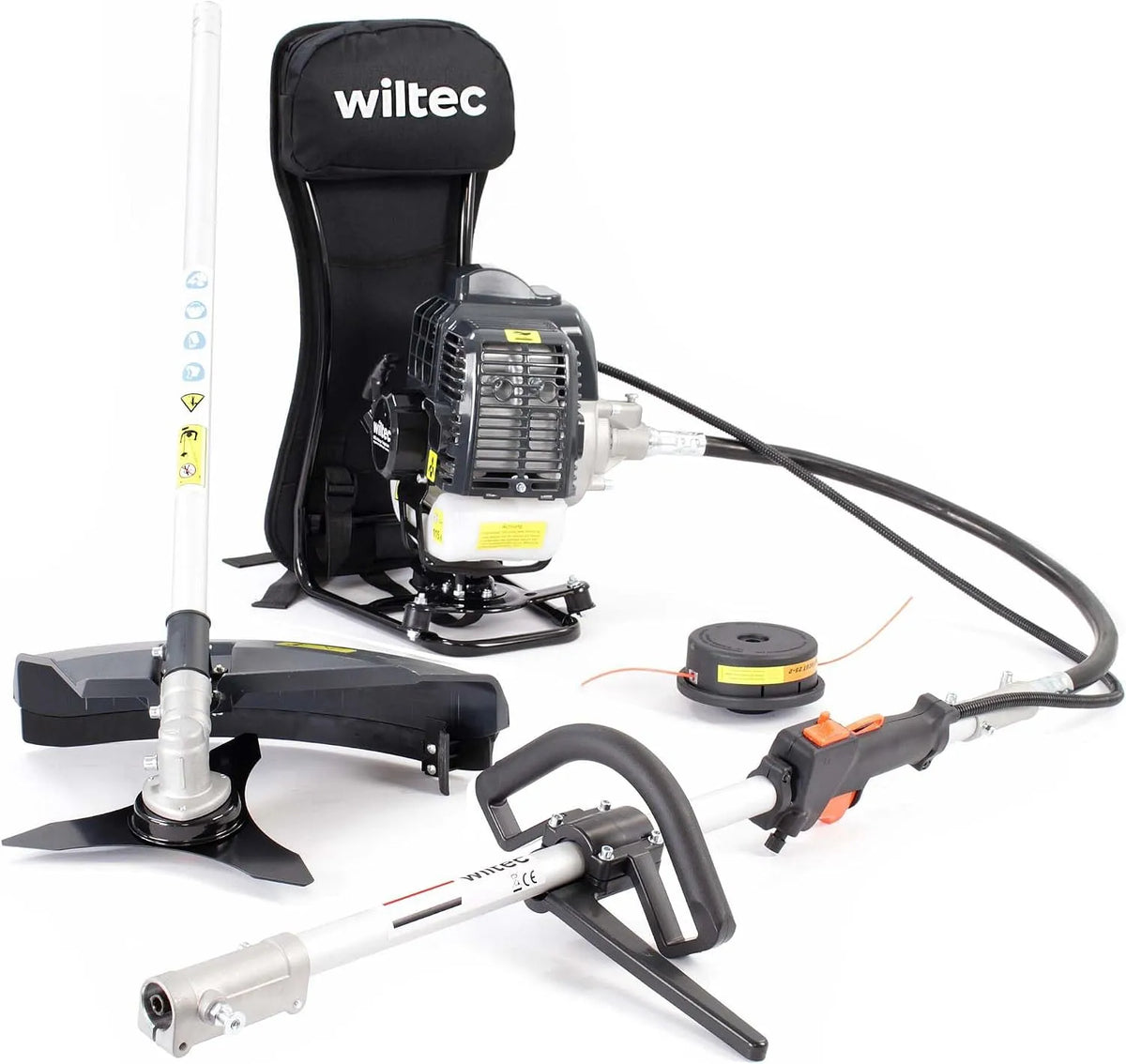 Wiltec Rasentrimmer 2-Takt-Motor, 2-in-1 Multifunktionsgerät mit Rucksack, Backpacker Multigartengerät, Multitool Gartenwerkzeug mit u.a.