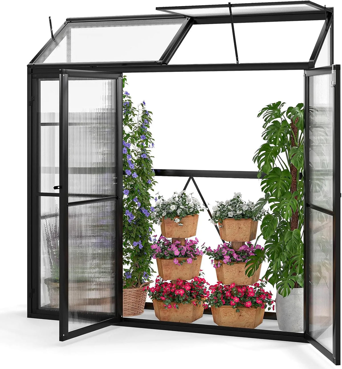 Costway Gewächshaus, Maße 180 x 52 x 190 cm, Treibhaus mit Oberlicht & 3 verschließbaren Türen, Anlehngewächshaus Tomaten, Aluminium, in Schwarz