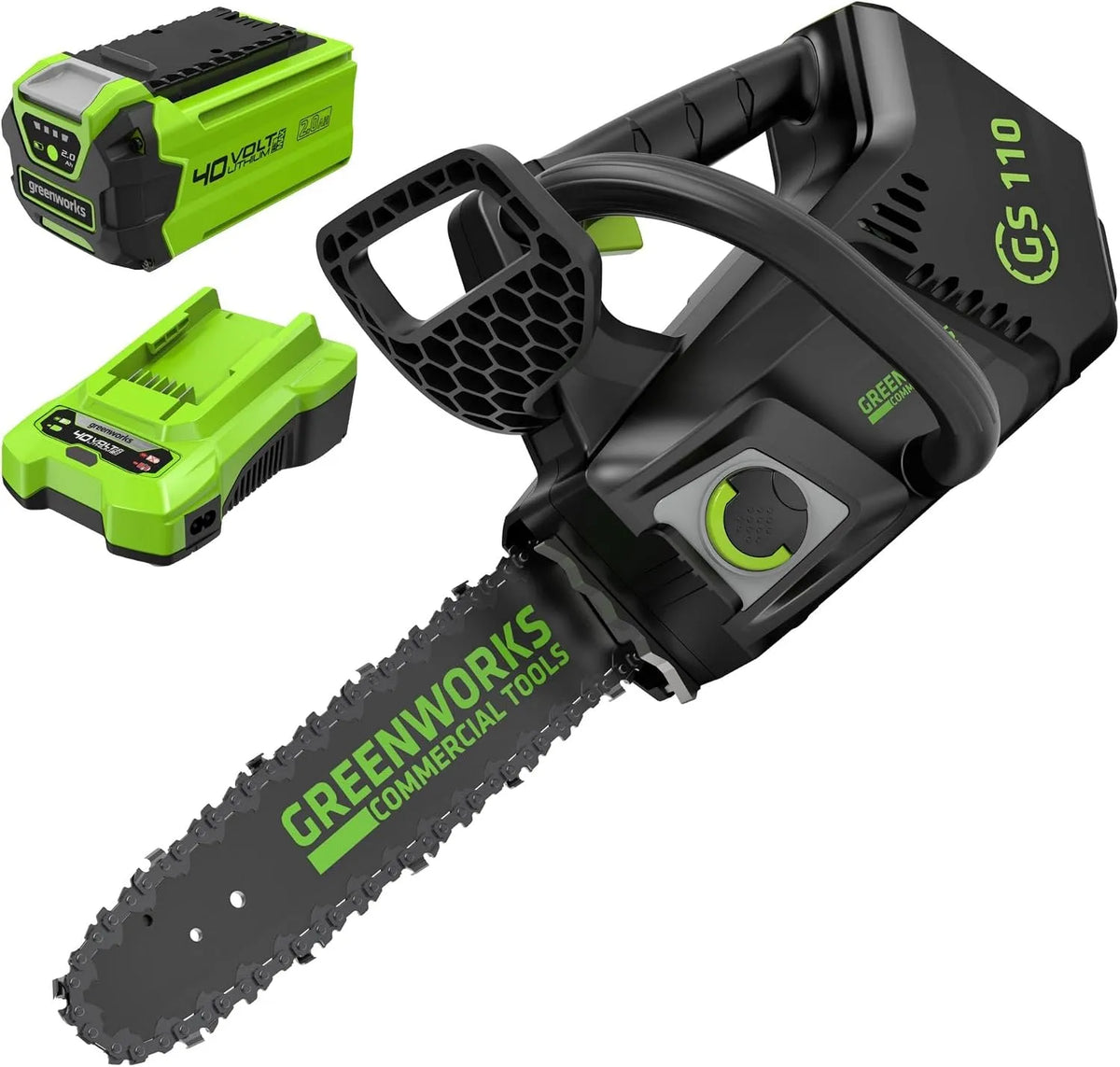 Greenworks Modell, Akku Kettensäge akkubetrieben und Ladegerät GD40TCSK2, 25 cm Blattlänge, Gewicht 2,4 kg, 12 m, Spannung 40V 2Ah Akku