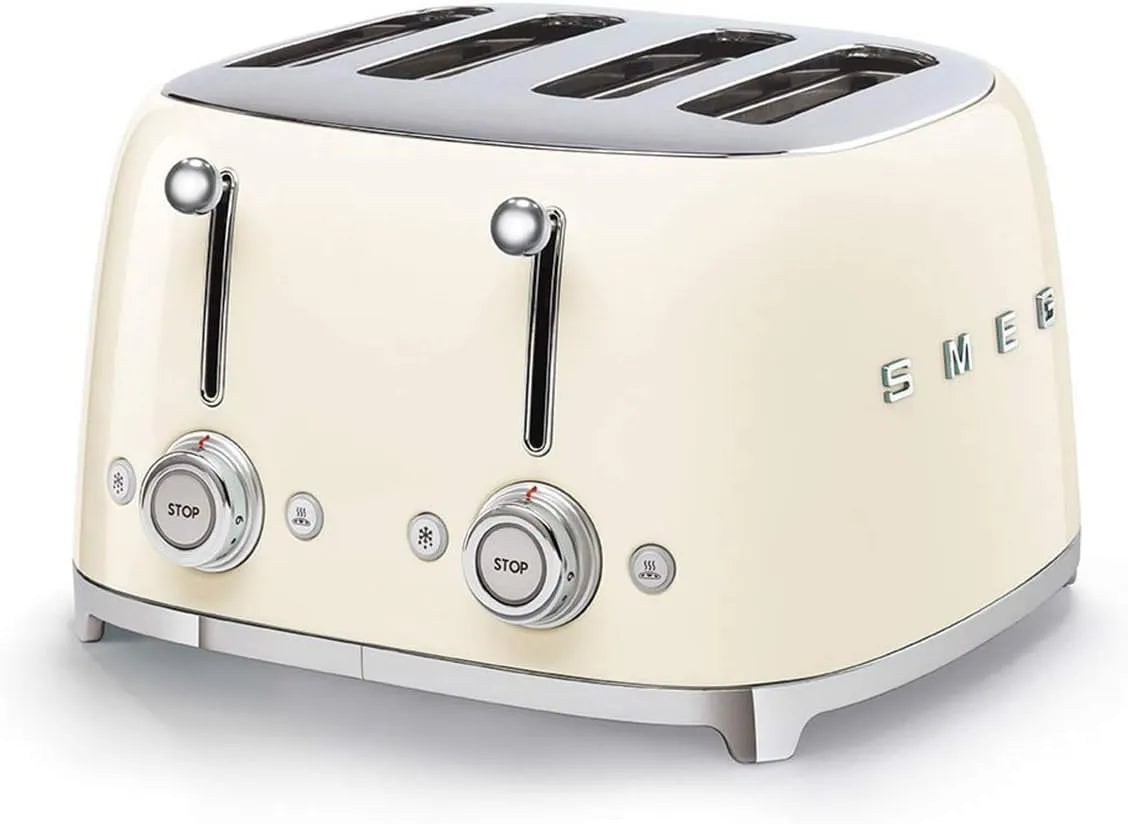 Smeg Toaster TSF03CREU, 4 Schlitze für 4 Scheiben, Leistung 2000W, Heizfunktion, Creme, Maße 4x4, 6 Vergoldungsniveaus, Abtau- und Bagel- Funktion
